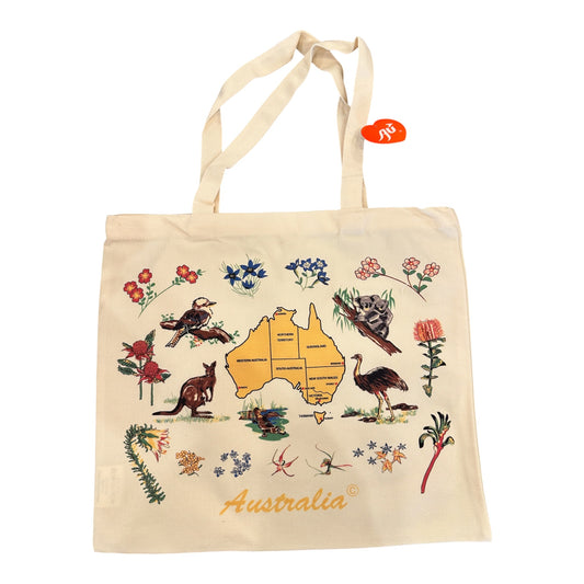 Australia Canvas Tote Bag – Map, Wildlife & Wildflowers Print, Eco Canvas Bag