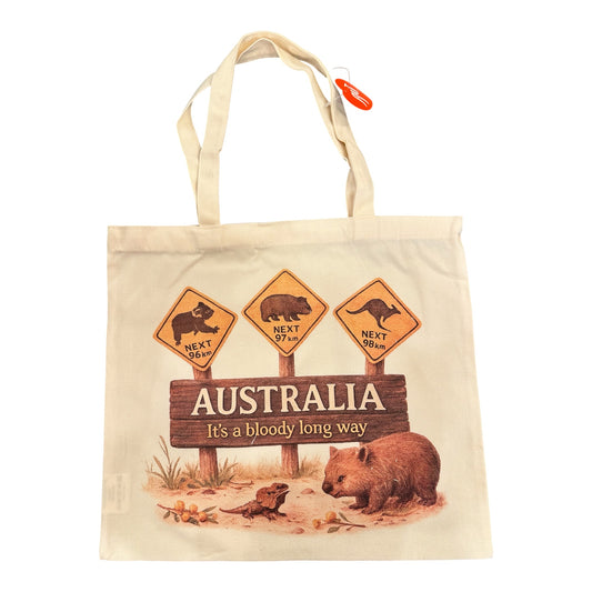 Australia Canvas Tote Bag – "Bloody Long Way" Road Sign Print, Eco Canvas Bag