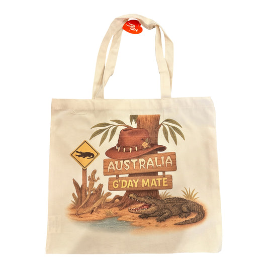 Australia Canvas Tote Bag – "G'day Mate" Crocodile Print, Eco Canvas Bag