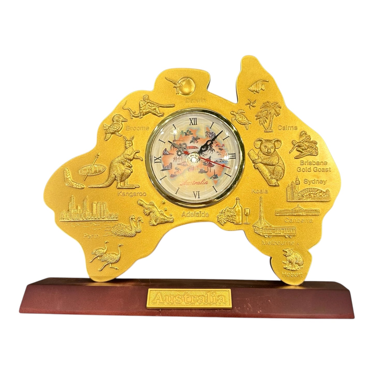 Australia Map Desk Clock – Gold Souvenir Clock with Wooden Base