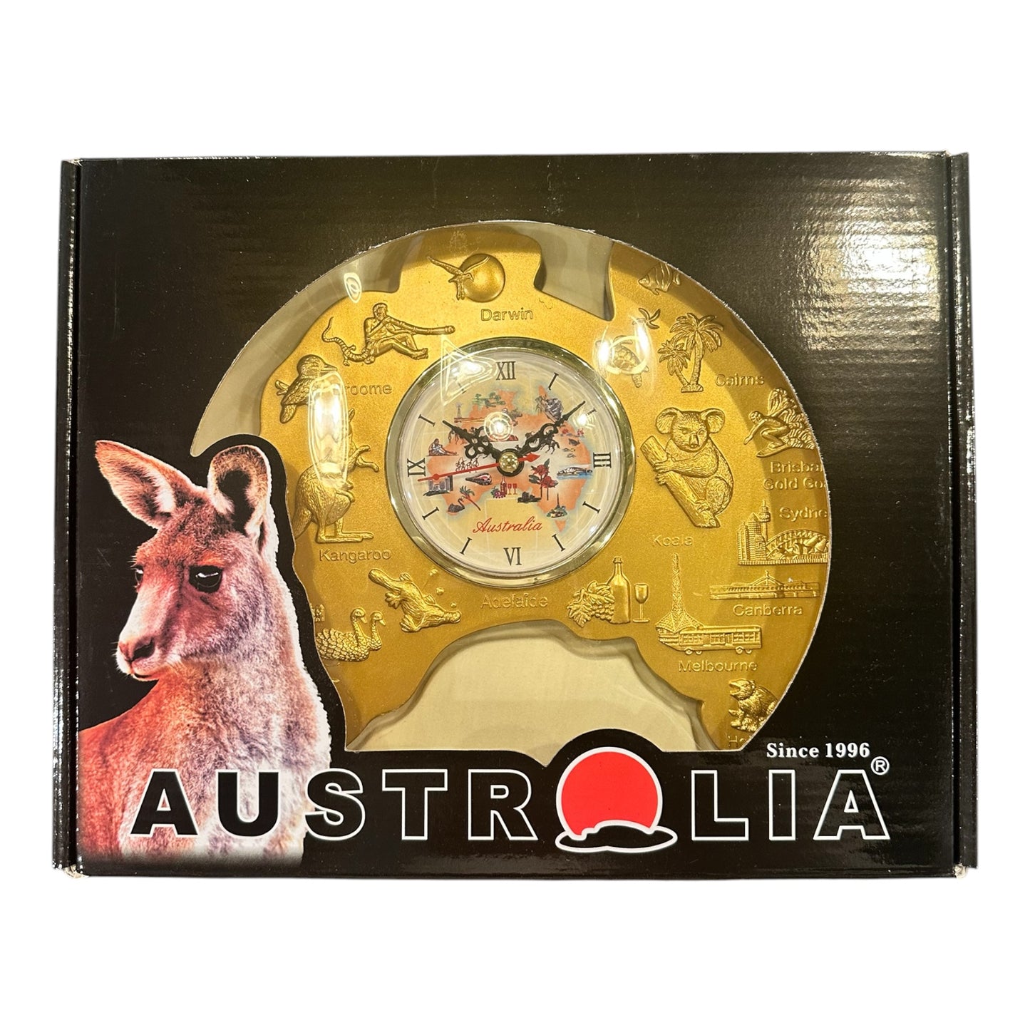 Australia Map Desk Clock – Gold Souvenir Clock with Wooden Base