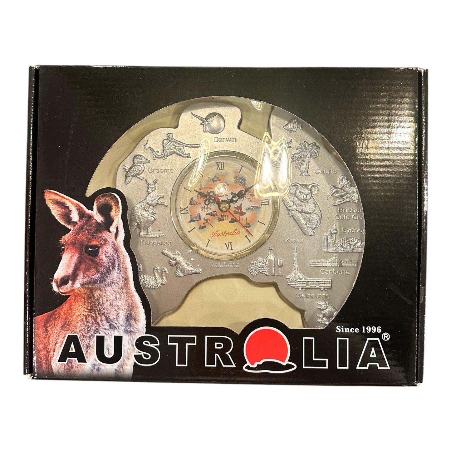 Australia Map Desk Clock – Silver Souvenir Clock with Wooden Base