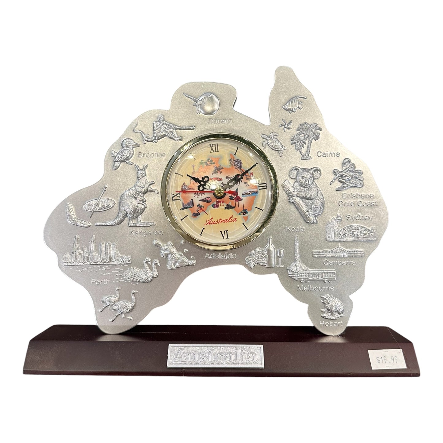 Australia Map Desk Clock – Silver Souvenir Clock with Wooden Base