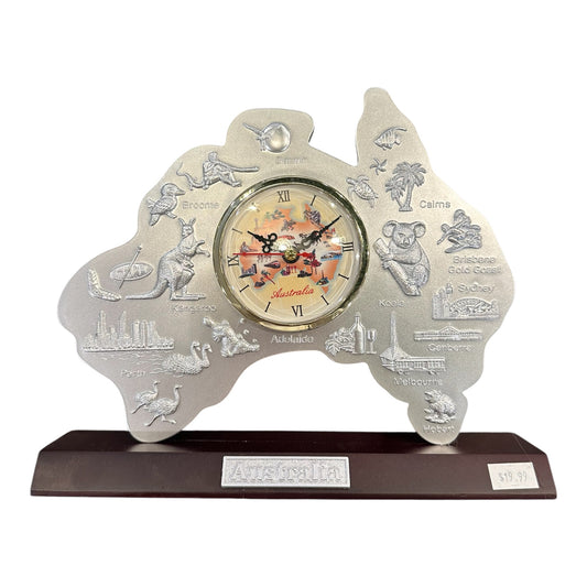 Australia Map Desk Clock – Silver Souvenir Clock with Wooden Base