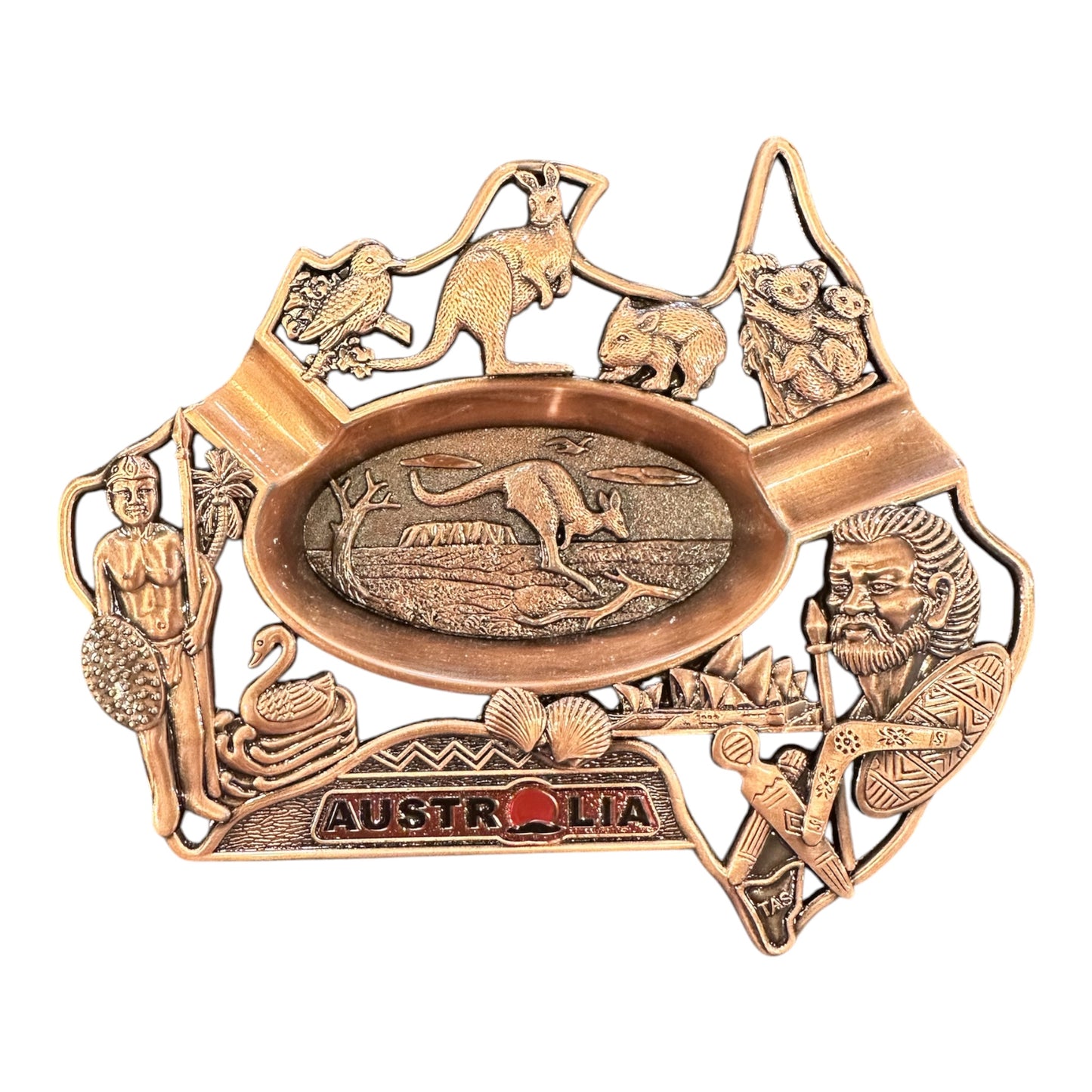Australia Souvenir Metal Ashtray – Bronze Australia Map with Native Wildlife, Gift Boxed