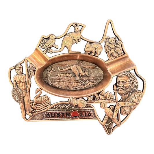 Australia Souvenir Metal Ashtray – Bronze Australia Map with Native Wildlife, Gift Boxed