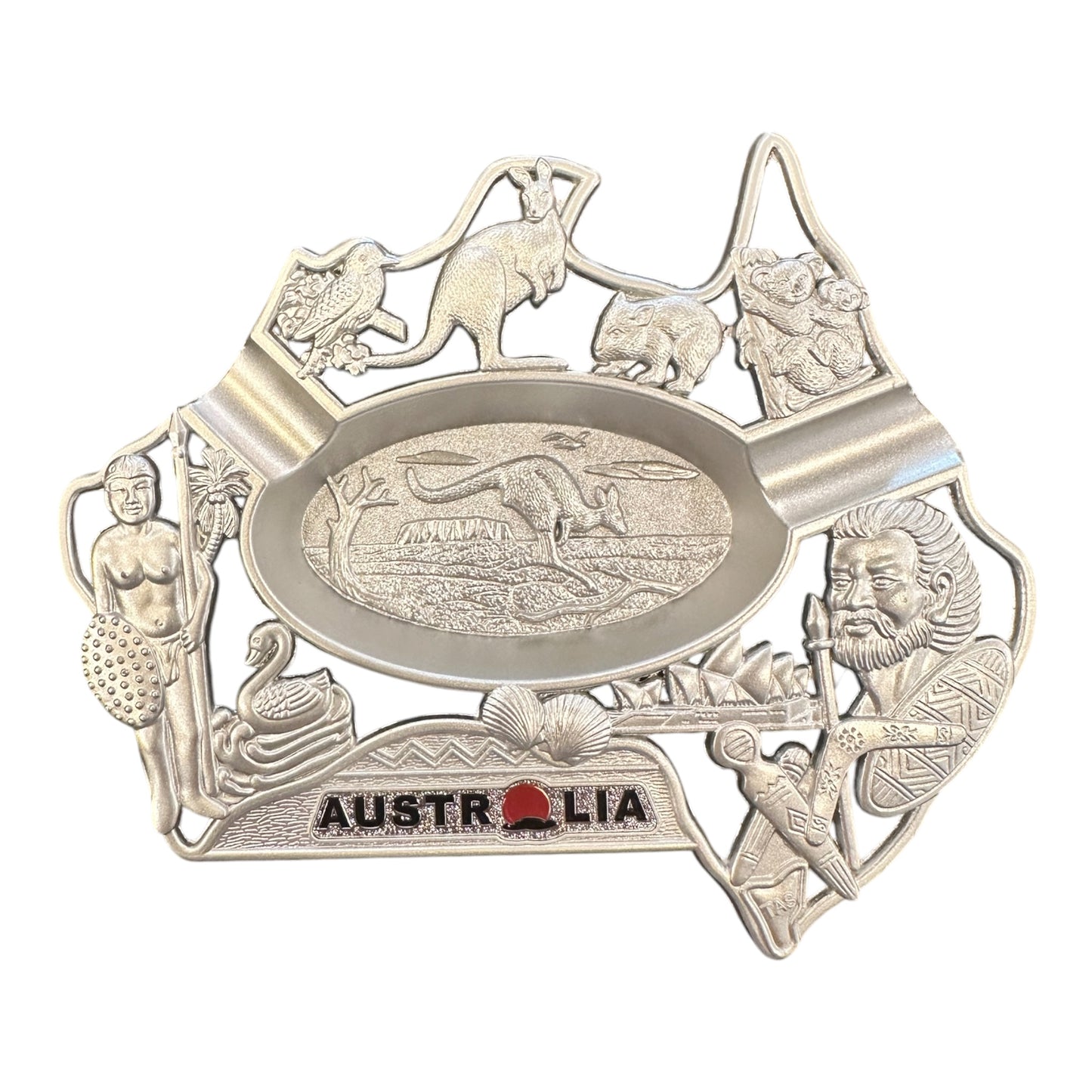 Australia Souvenir Metal Ashtray – Silver Australia Map with Native Wildlife, Gift Boxed