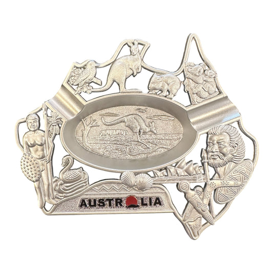 Australia Souvenir Metal Ashtray – Silver Australia Map with Native Wildlife, Gift Boxed