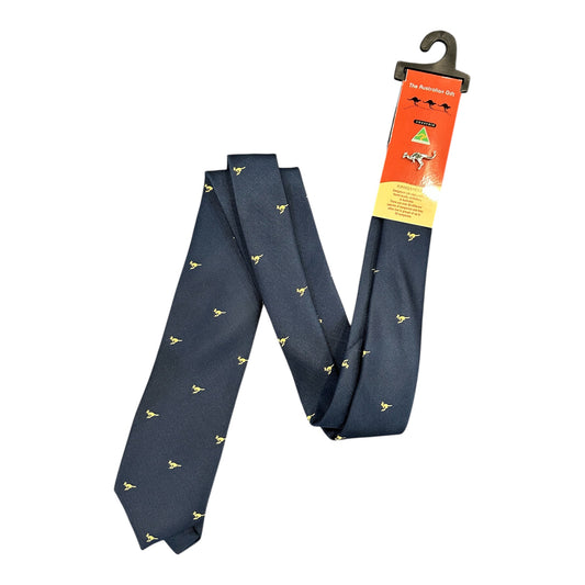 Australian Made Kangaroo Tie – Navy & Gold Scattered Kangaroo Necktie with Kangaroo Tie Pin