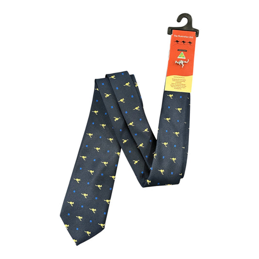 Australian Made Kangaroo Tie – Navy Kangaroo & Diamond Print Necktie with Kangaroo Tie Pin