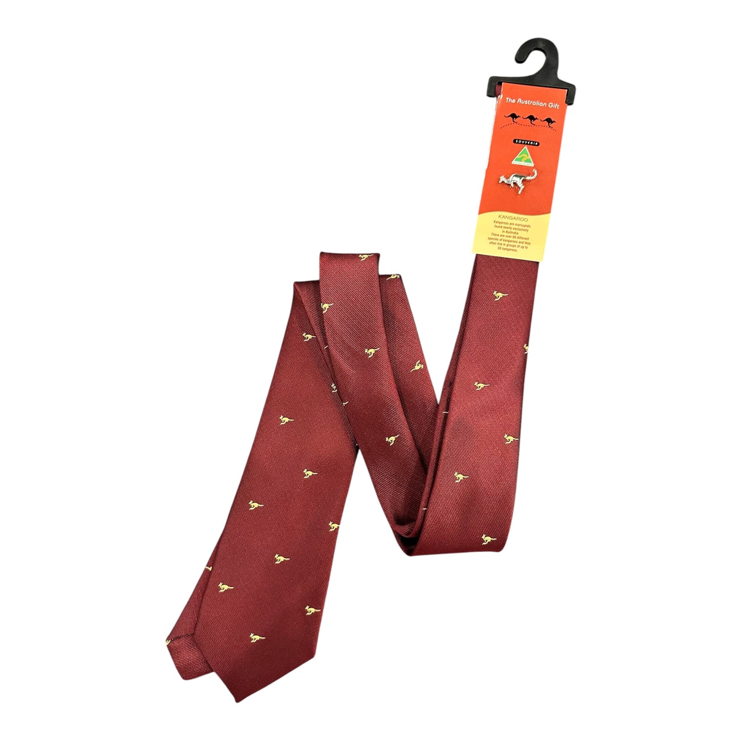 Australian Made Kangaroo Tie – Burgundy Scattered Kangaroo Necktie with Kangaroo Tie Pin