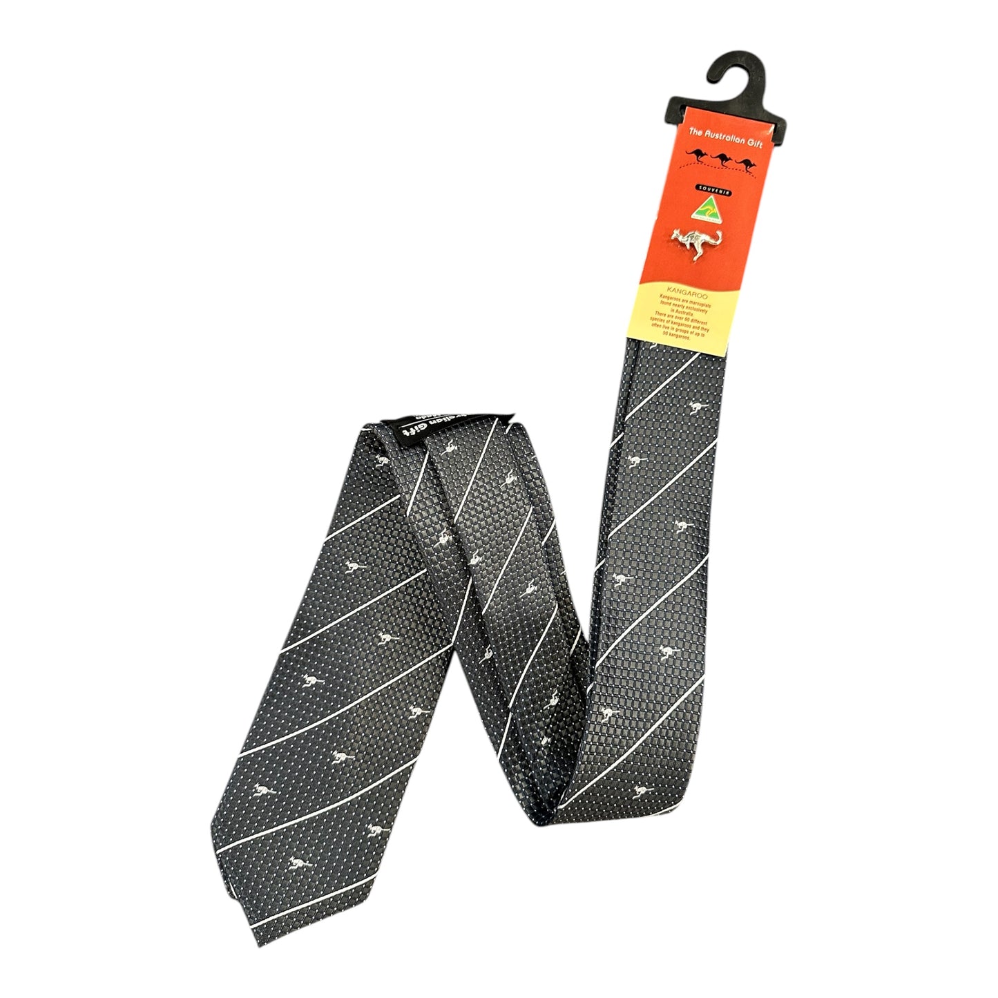 Australian Made Kangaroo Tie – Grey Striped Necktie with Kangaroo Tie Pin