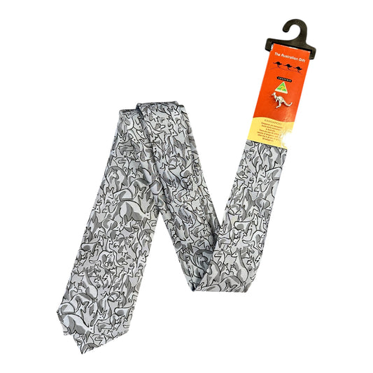 Australian Made Kangaroo Tie – Grey All-Over Print Necktie with Kangaroo Tie Pin