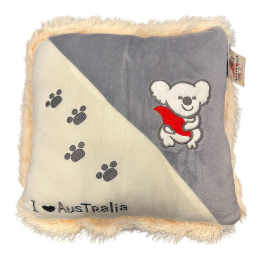 I Love Australia Koala Cushion – Grey Plush Cushion with Faux Fur Trim