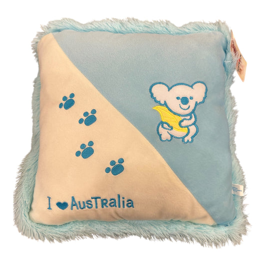 I Love Australia Koala Cushion – Blue Plush Cushion with Faux Fur Trim