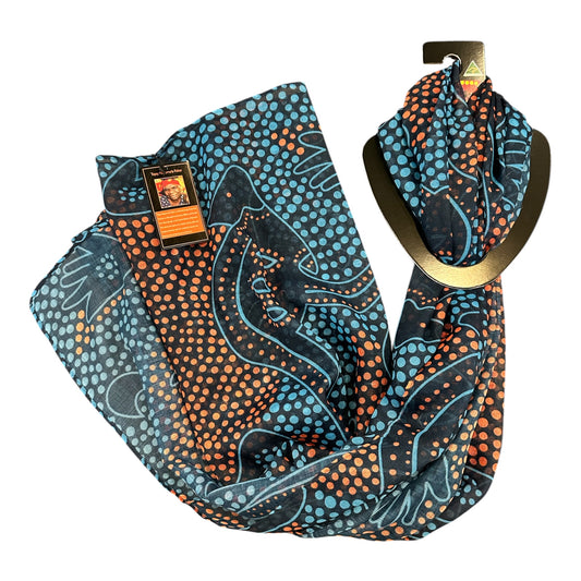Sacred Dreaming Aboriginal Art Scarf – Navy & Turquoise Dot Print, Australian Made