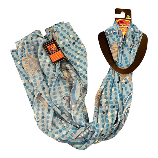 Sacred Dreaming Aboriginal Art Scarf – Light Blue Dot Print, Australian Made