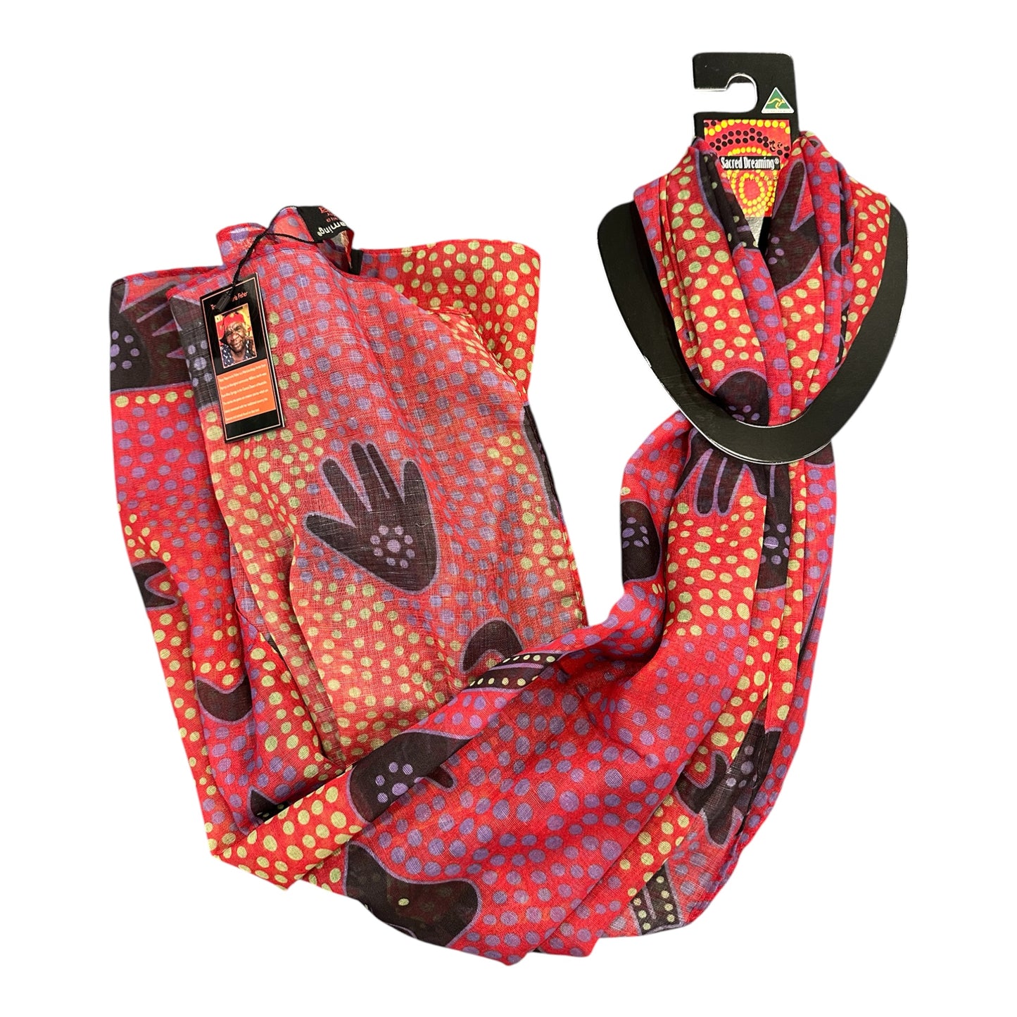 Sacred Dreaming Aboriginal Art Scarf – Red Handprint Dot Print, Australian Made