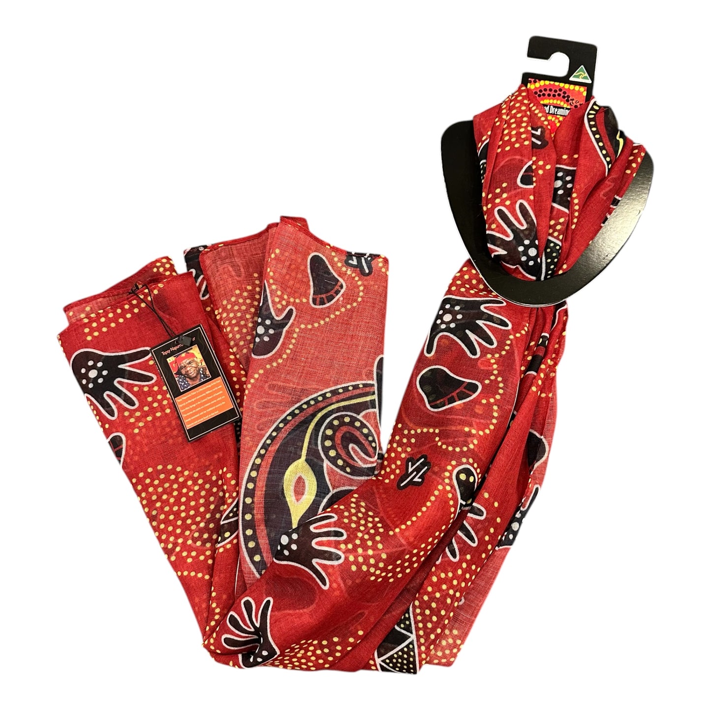 Sacred Dreaming Aboriginal Art Scarf – Red Handprint & Waterhole Print, Australian Made