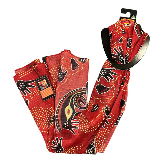 Sacred Dreaming Aboriginal Art Scarf – Red Handprint & Waterhole Print, Australian Made