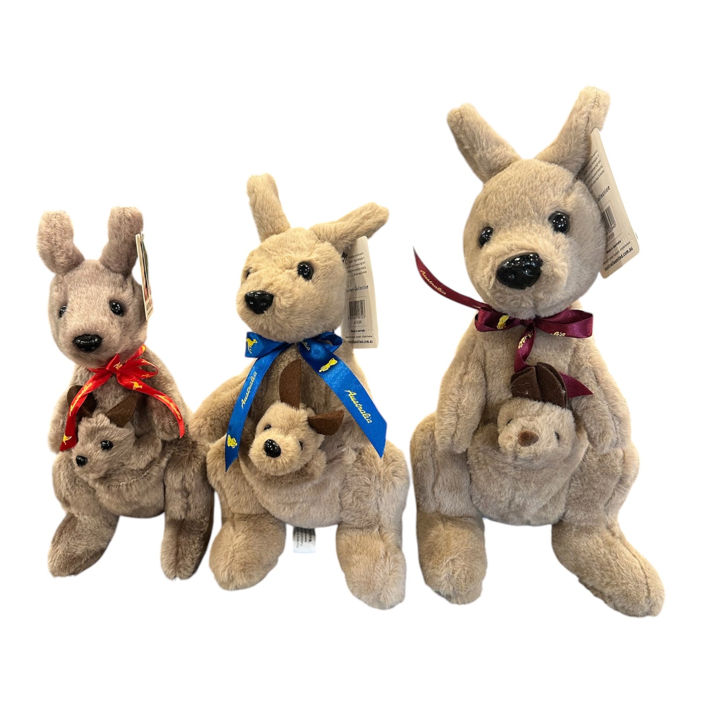 Australian Made Kangaroo & Joey Plush Toy – Realistic Soft Toy with Ribbon, 3 Sizes