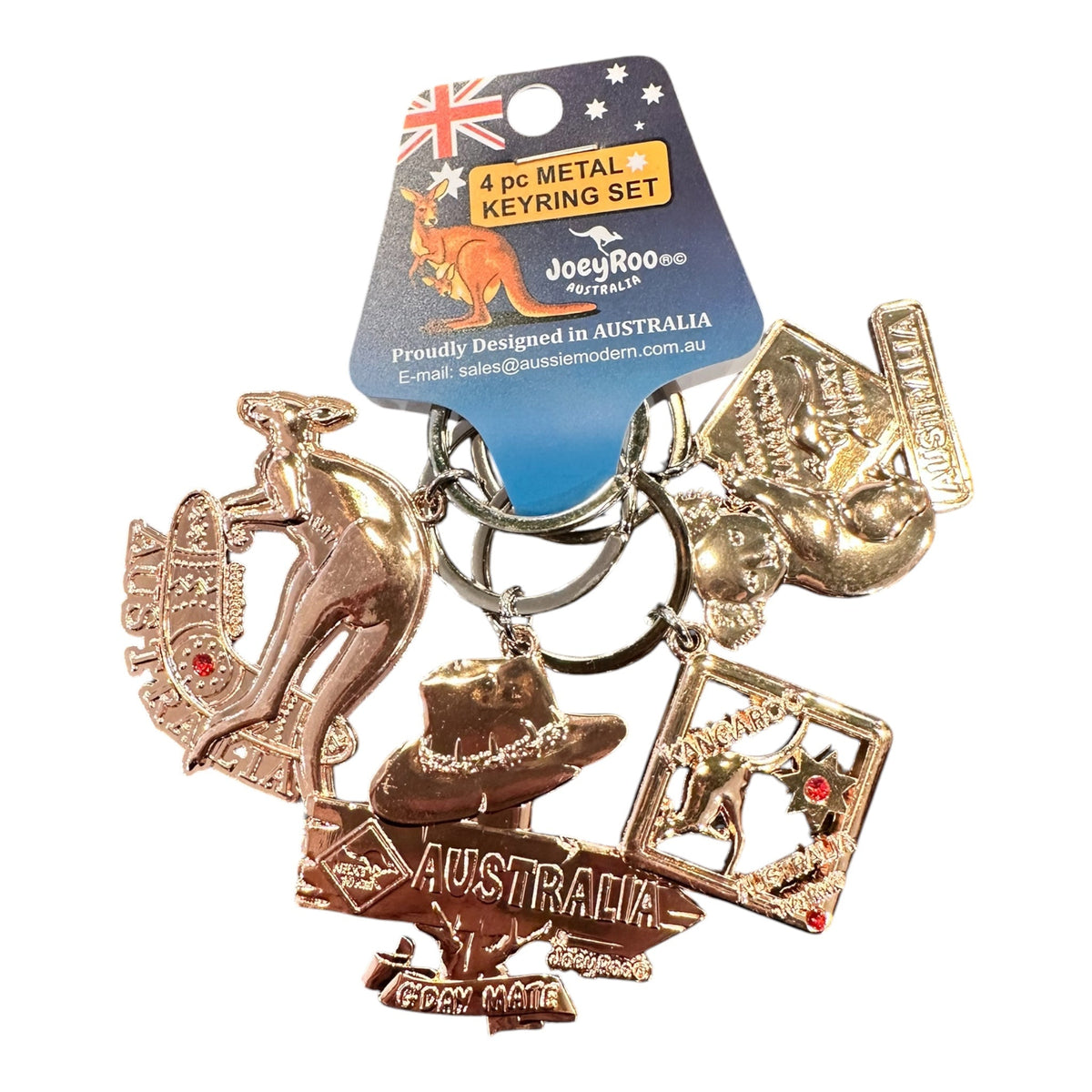 Australia Gold Metal Keyring Set – 4 Piece Keyring Pack with Kangaroo & Koala Charms