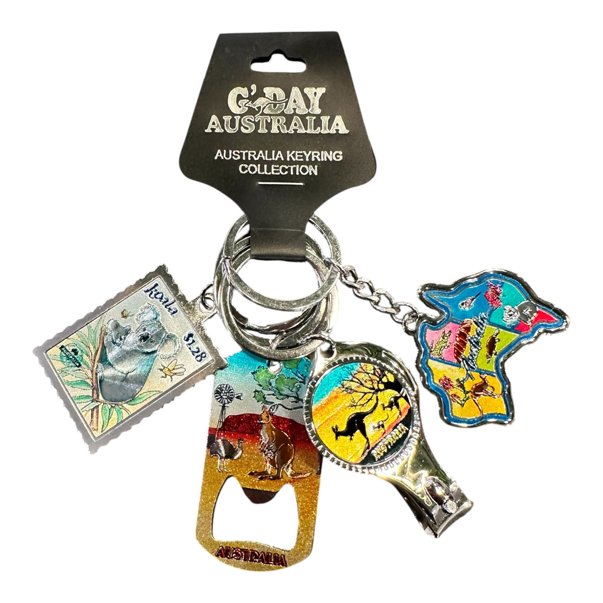 G'Day Australia Metal Keyring Set – 4 Piece Keyring Collection with Bottle Opener & Nail Clipper