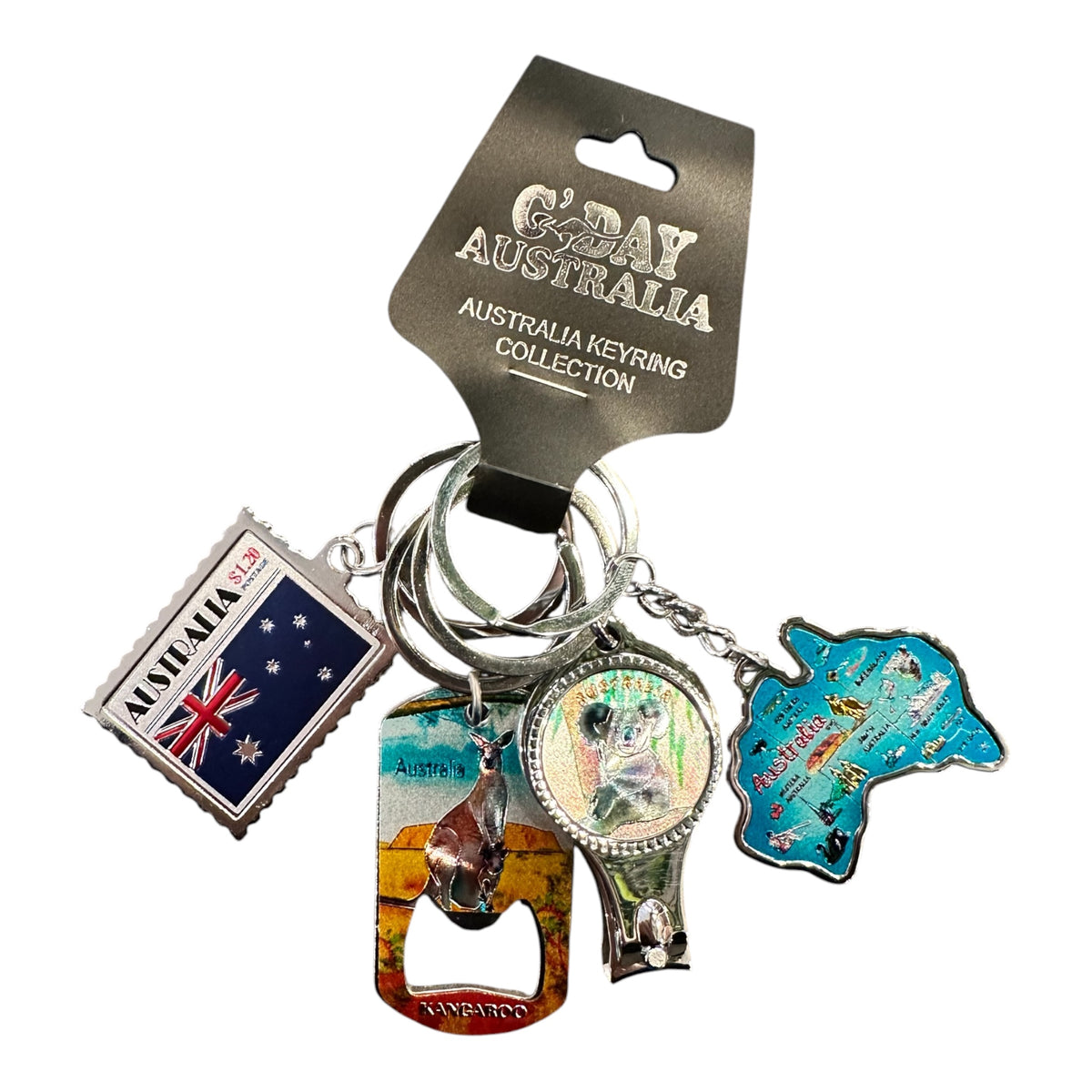 G'Day Australia Metal Keyring Set – 4 Piece Keyring Collection with Bottle Opener & Nail Clipper