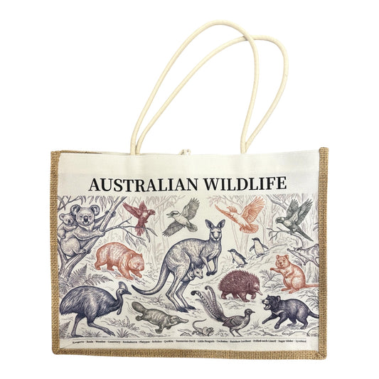 Australian Wildlife Field Guide Jute Tote Bag – Illustrated Native Animal Canvas Shopping Bag