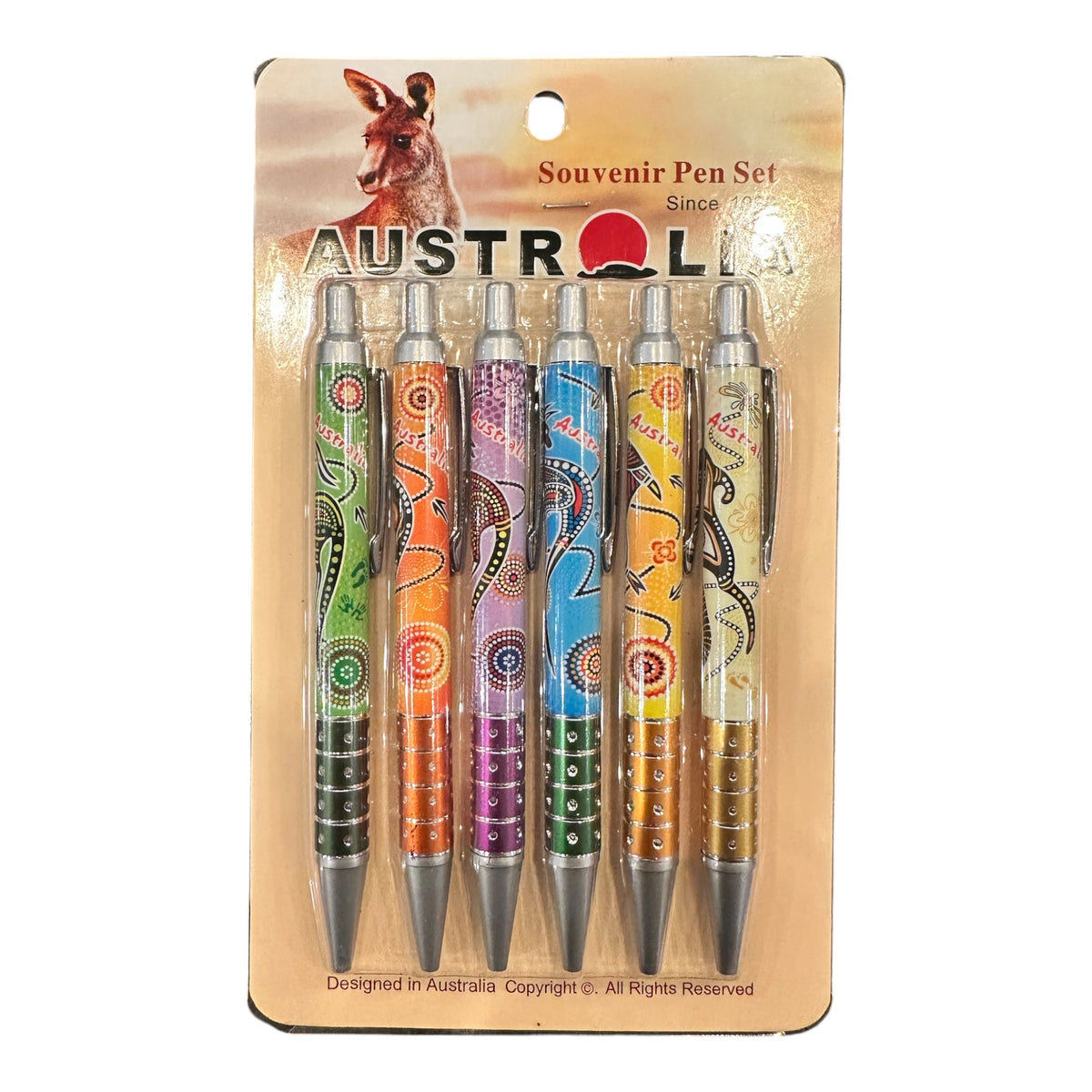 Australia Souvenir Pen Set – 6 Piece Dot Art Kangaroo Pens