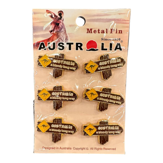 Australia "Bloody Long Way" Road Sign Metal Pin Set – 6 Piece Kangaroo Sign Pins