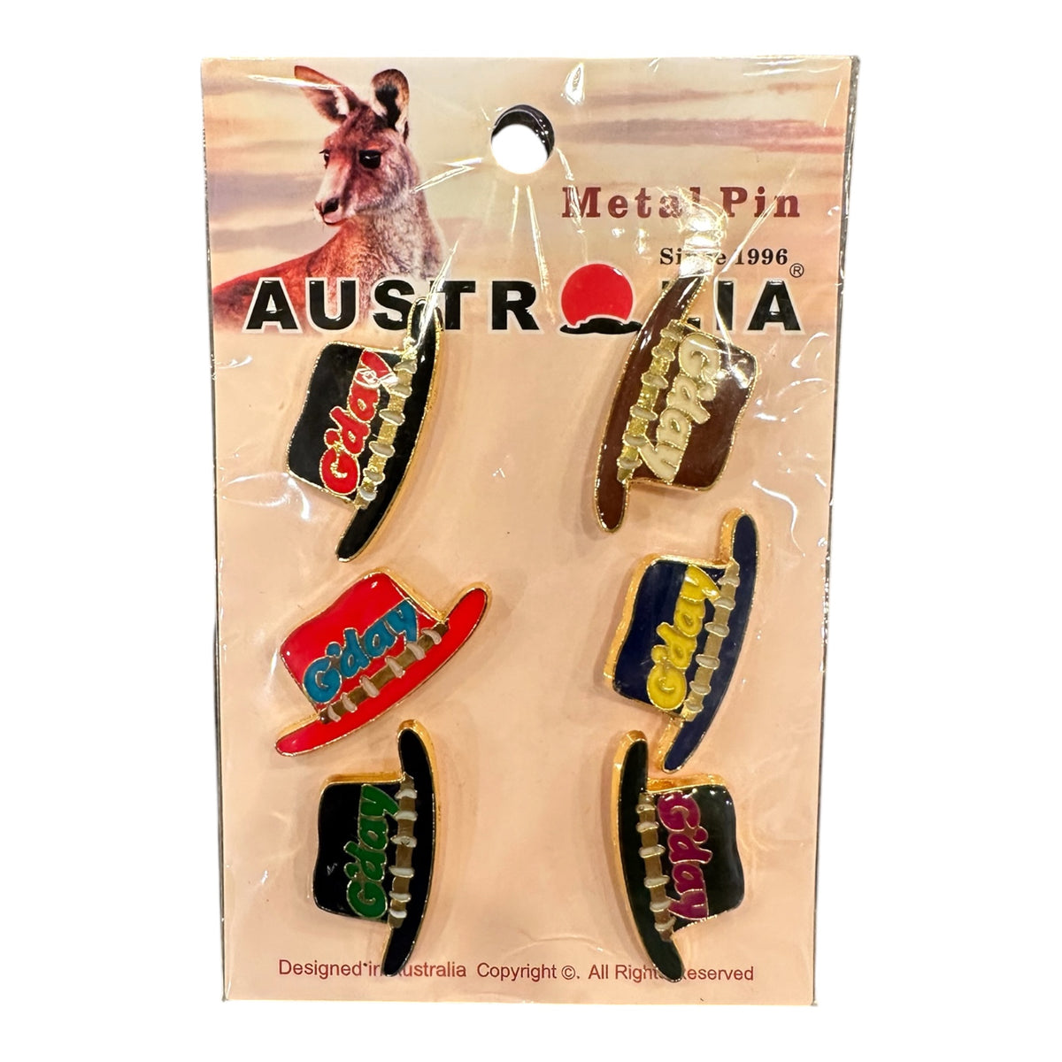 "G'Day" Akubra Hat Metal Pin Set – 6 Piece Assorted Colour Hat Pins