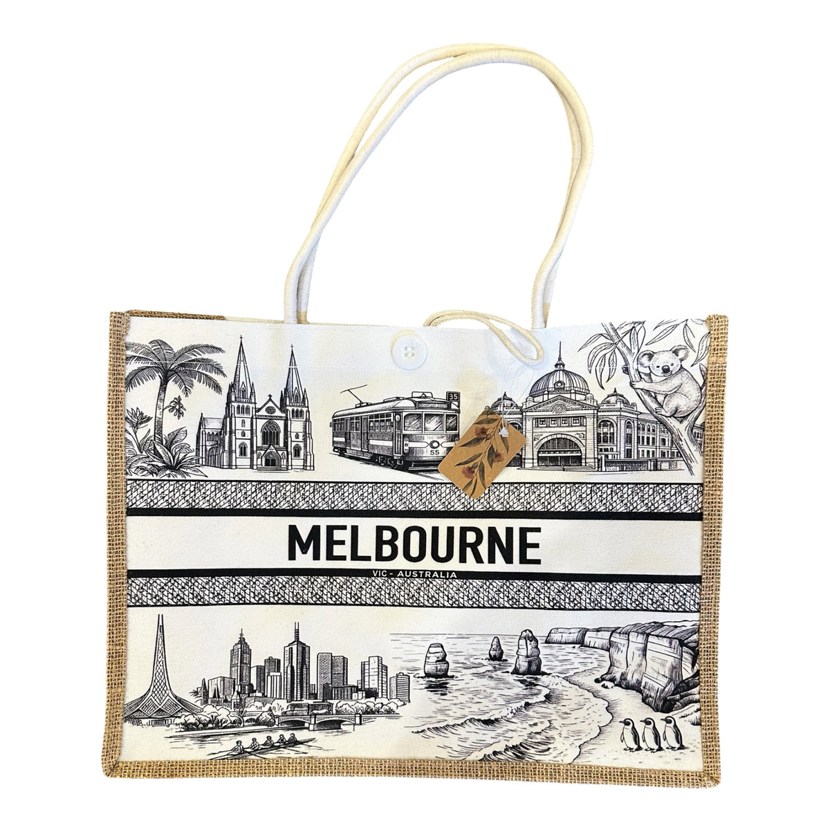 Melbourne Souvenir Jute Tote Bag – Illustrated Landmarks Canvas Shopping Bag