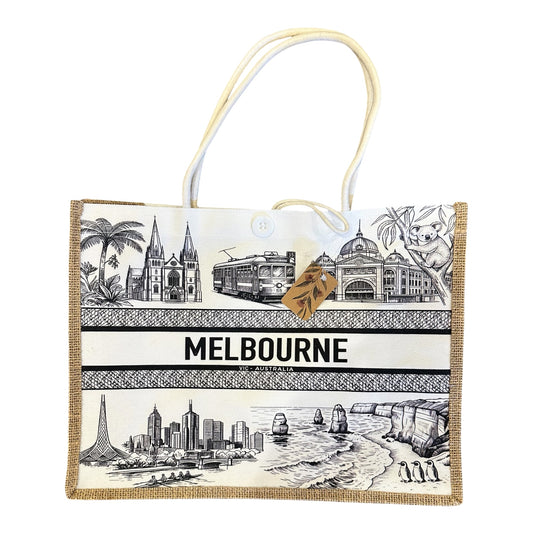 Melbourne Souvenir Jute Tote Bag – Illustrated Landmarks Canvas Shopping Bag