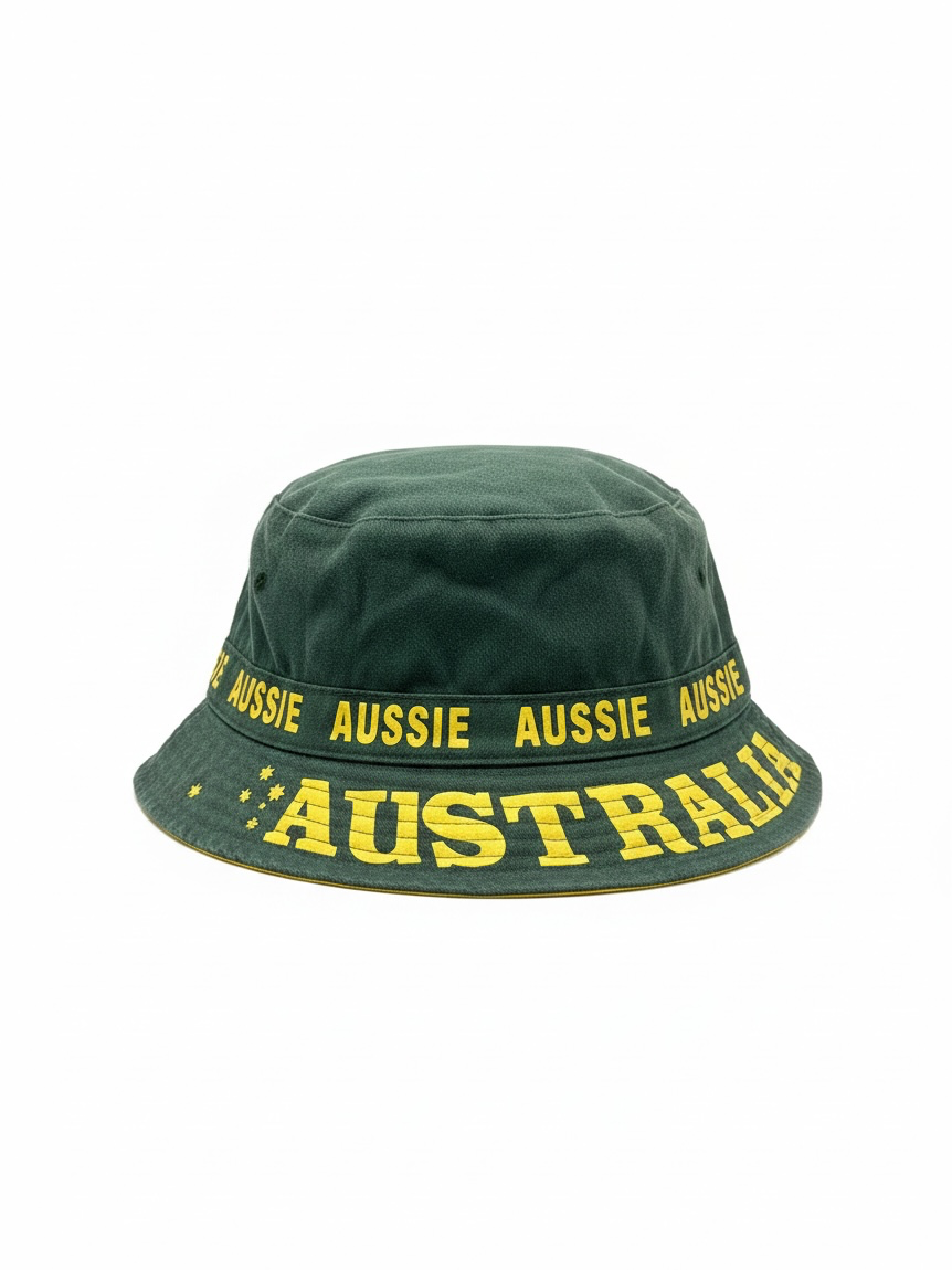 Aussie Australia Bucket Hat – Green & Gold Sun Hat, 3 Sizes