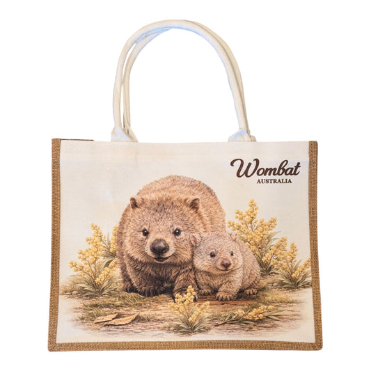 Wombat & Baby Jute Tote Bag – Large Australian Wildlife Canvas Shopping Bag, 40cm
