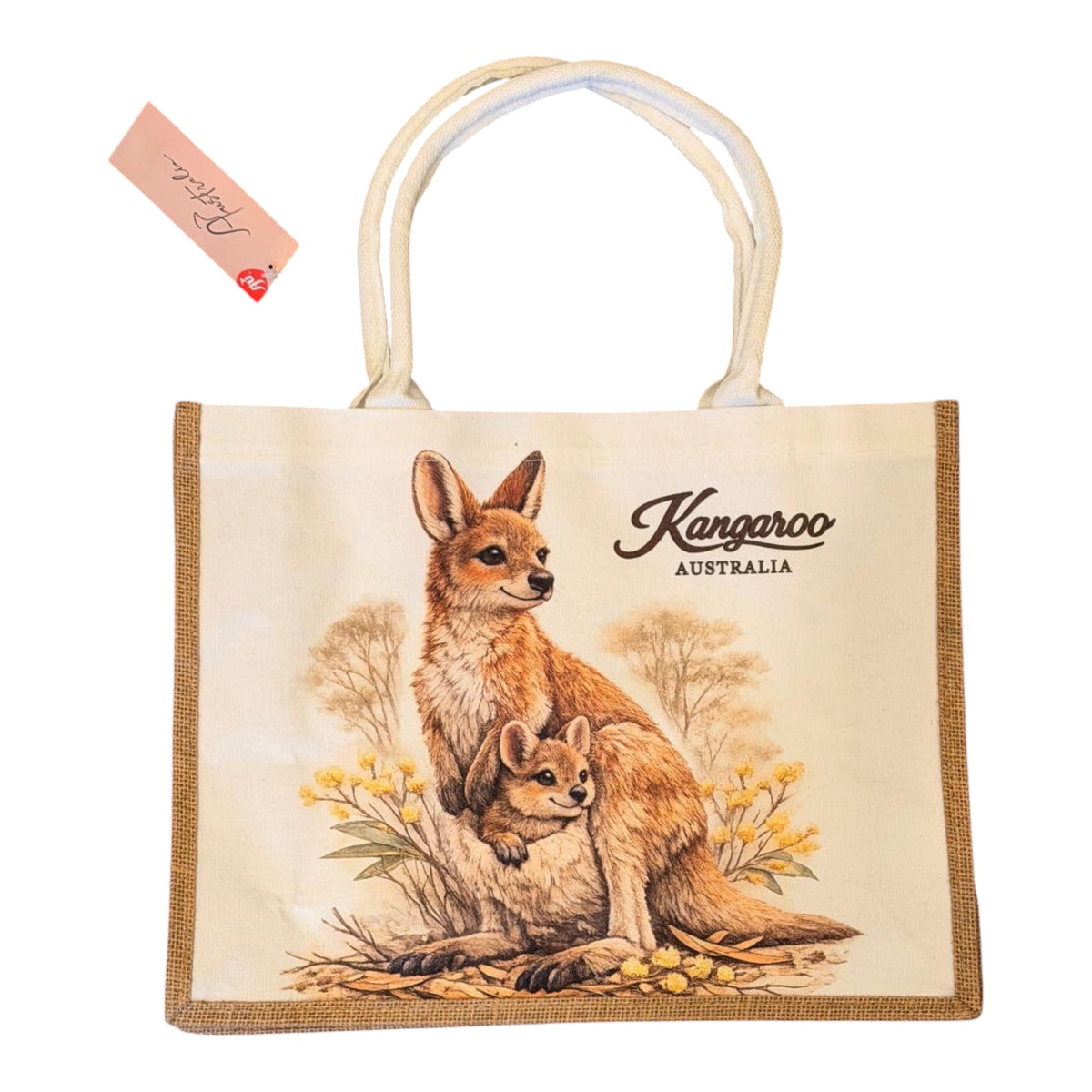 Kangaroo & Joey Jute Tote Bag – Large Australian Wildlife Canvas Shopping Bag, 40cm