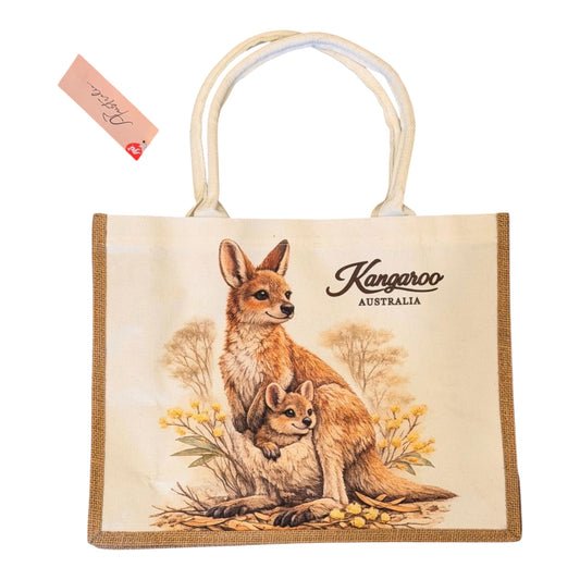 Kangaroo & Joey Jute Tote Bag – Large Australian Wildlife Canvas Shopping Bag, 40cm