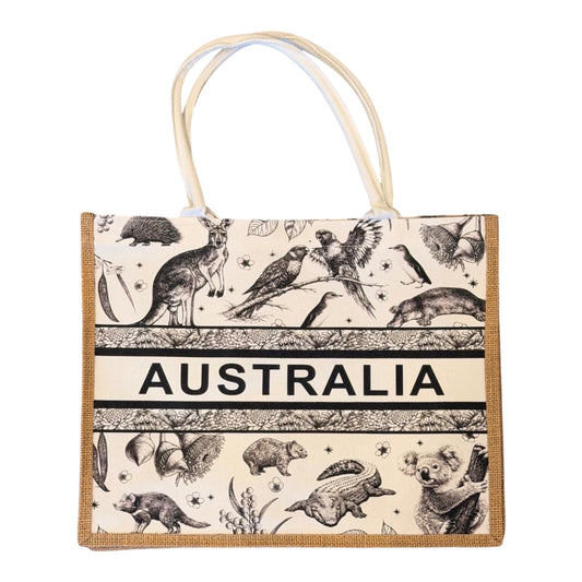 Australia Wildlife Sketch Jute Tote Bag – Large Black & White Native Animal Canvas Shopping Bag, 40cm