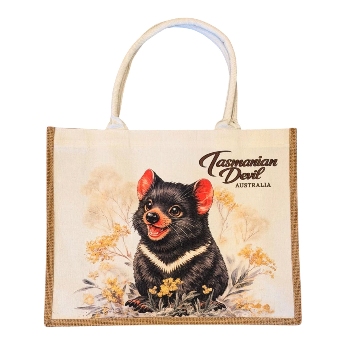 Tasmanian Devil Jute Tote Bag – Large Australian Wildlife Canvas Shopping Bag, 40cm