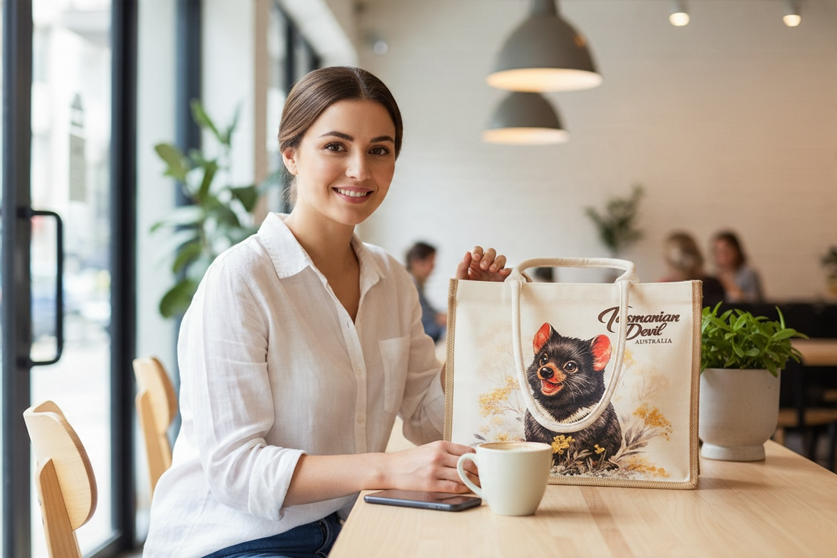 Tasmanian Devil Jute Tote Bag – Large Australian Wildlife Canvas Shopping Bag, 40cm
