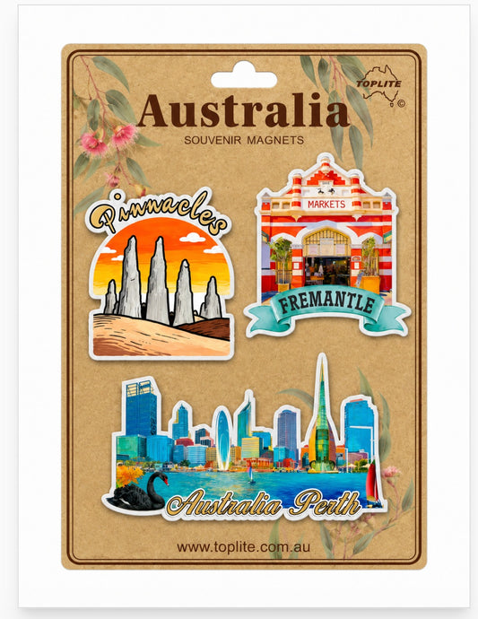 Western Australia Souvenir Fridge Magnet Set – Pinnacles, Fremantle Markets & Perth Skyline (3 Pack)